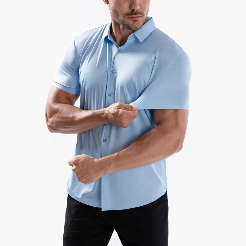High Quality Summer Business Shirts for Men Short Sleeve Button Wrinkle Free Elasticity Social Black Office Dress Shirts US Size