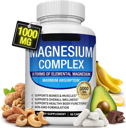 Magnesium Complex Capsule Contain Glycinate Citrate 1000Mg and Multiple Magnesium Daily Health Nutrition Supplement 90 Count