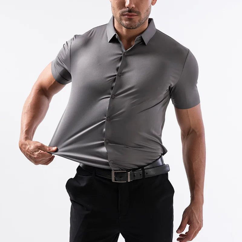 High Quality Summer Business Shirts for Men Short Sleeve Button Wrinkle Free Elasticity Social Black Office Dress Shirts US Size