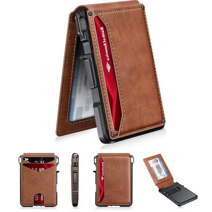 Men RFID Blocking Slim Minimalist Wallet Leather Bifold Front Pocket Purse with Pop-Up Magnetic Closure Money Clip Card Holder