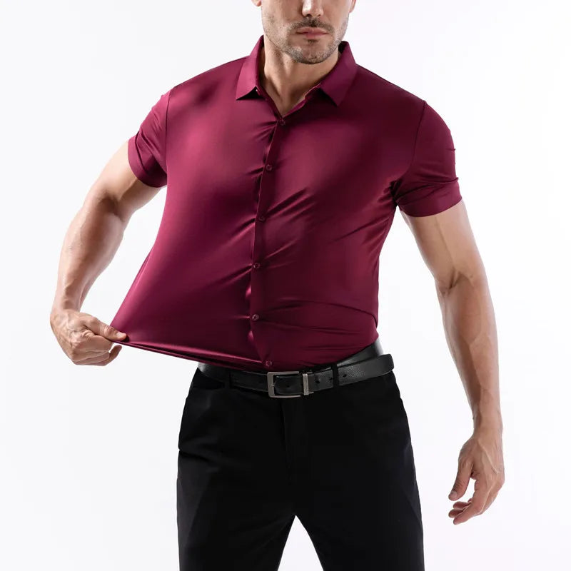 High Quality Summer Business Shirts for Men Short Sleeve Button Wrinkle Free Elasticity Social Black Office Dress Shirts US Size