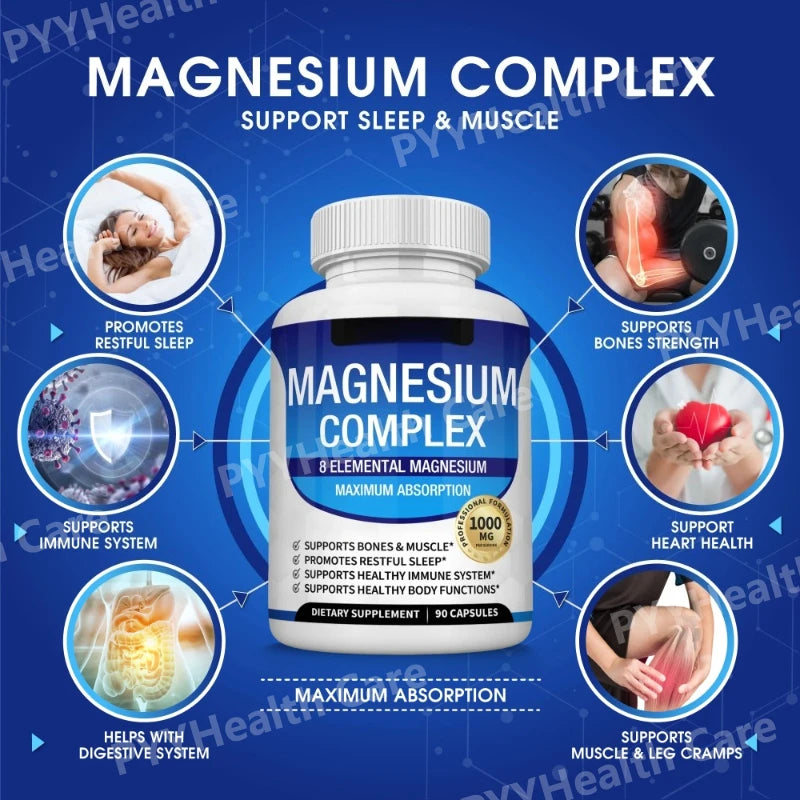 Magnesium Complex Capsule Contain Glycinate Citrate 1000Mg and Multiple Magnesium Daily Health Nutrition Supplement 90 Count