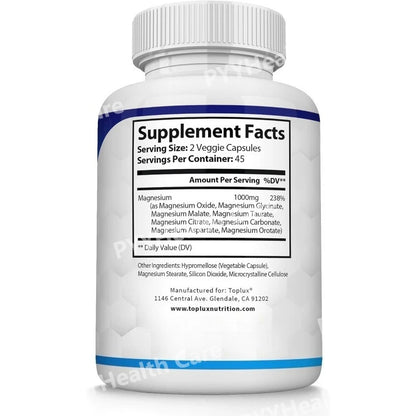 Magnesium Complex Capsule Contain Glycinate Citrate 1000Mg and Multiple Magnesium Daily Health Nutrition Supplement 90 Count